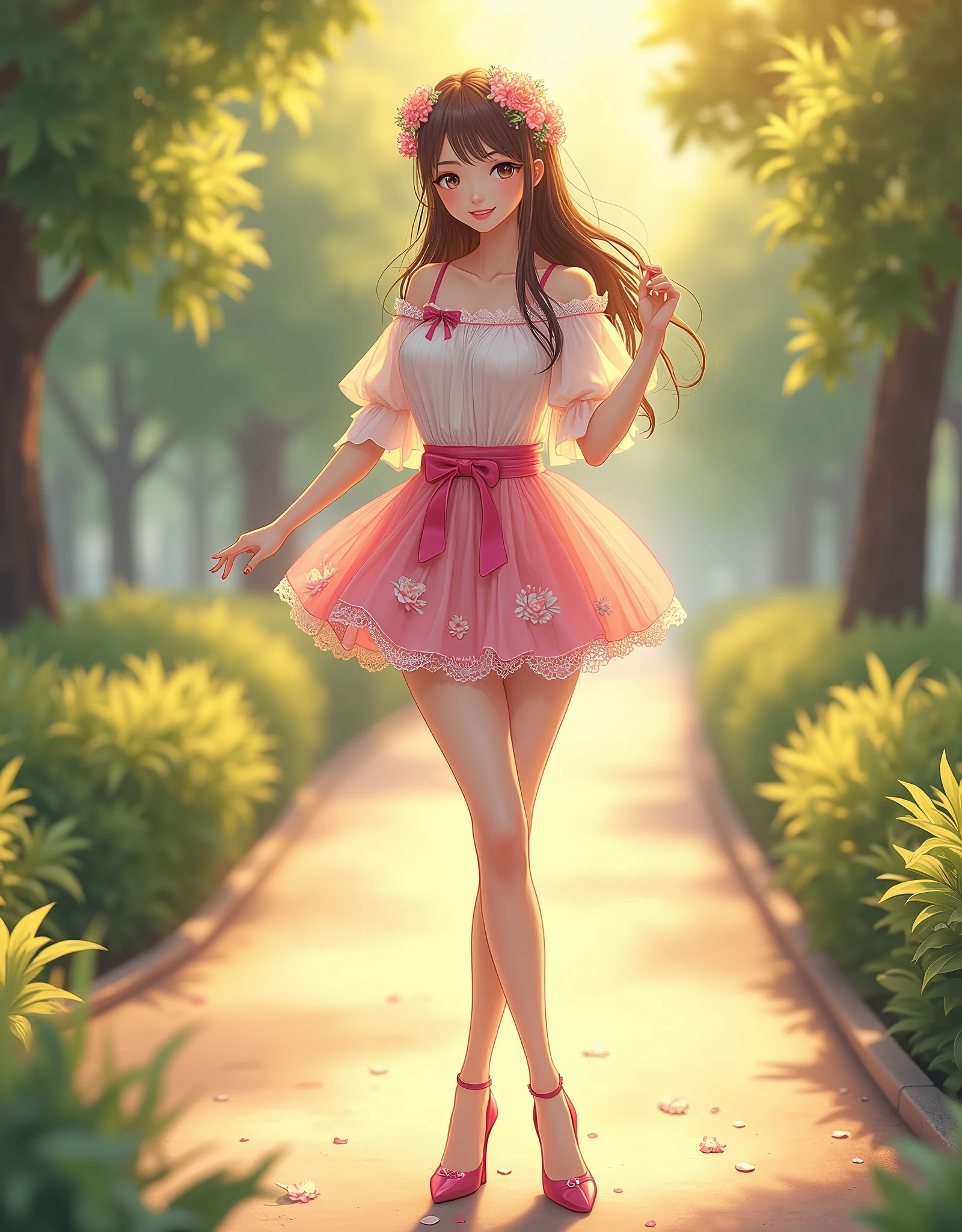 Ultra high quality,High heel,Long legs,Smile,Sunlight,Lace off-the-shoulder,Pink skirt,Wear flowers on your head,student,charming,Ribbon
