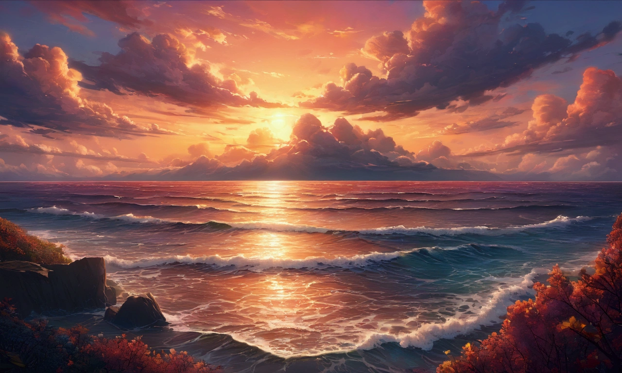 ​masterpiece, top-quality, depth of fields, high details, 8K, scenery, a scene of sunset, on horizon, clouds, colorful sky,