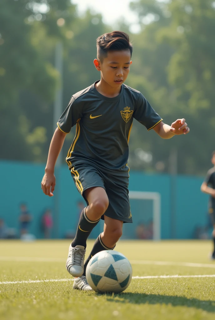 (photorealism) 16 year old Indonesian male ,haircut (short slicked back),Thin and short body (short) ,playing futsal ,wearing a jersey , on the futsal field