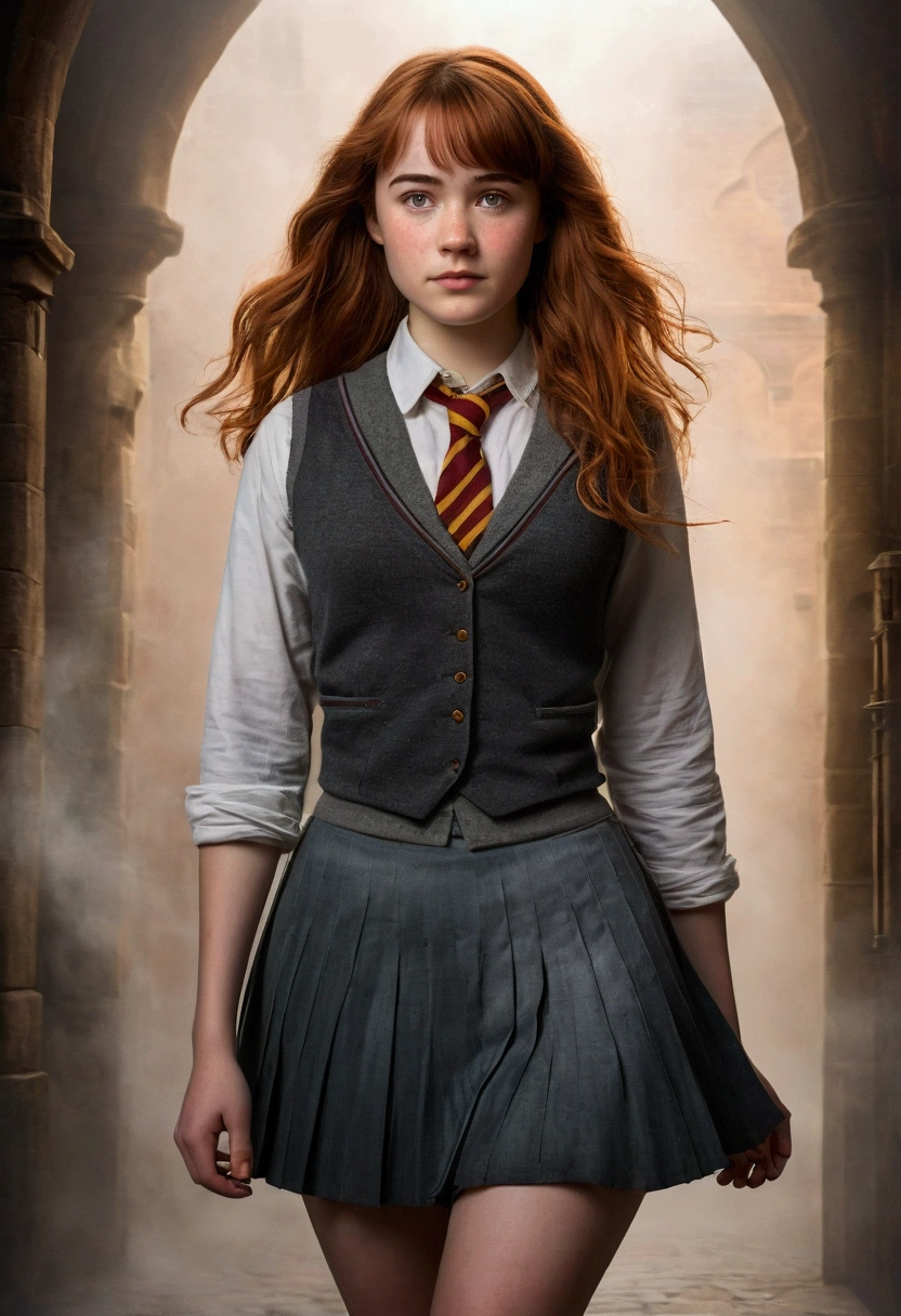 An illustrated movie poster, hand-drawn, full color, a teenage Hogwarts student, 18-years-old, female, wearing a charcoal vest and a pleated skirt, athletic hourglass figure, busty bosoms, full wide hips, massive round butt, long shapely legs, ridiculously thick powerful thighs, vibrant eyes, red auburn hair, thick shaggy bangs, flushed sun-kissed complexion, freckles, resembles Willa Fitzgerald, standing in a foggy Hogwarts courtyard, surrounded by mist, graphite shading, stencil marks, airbrushed acrylic paint, masterpiece