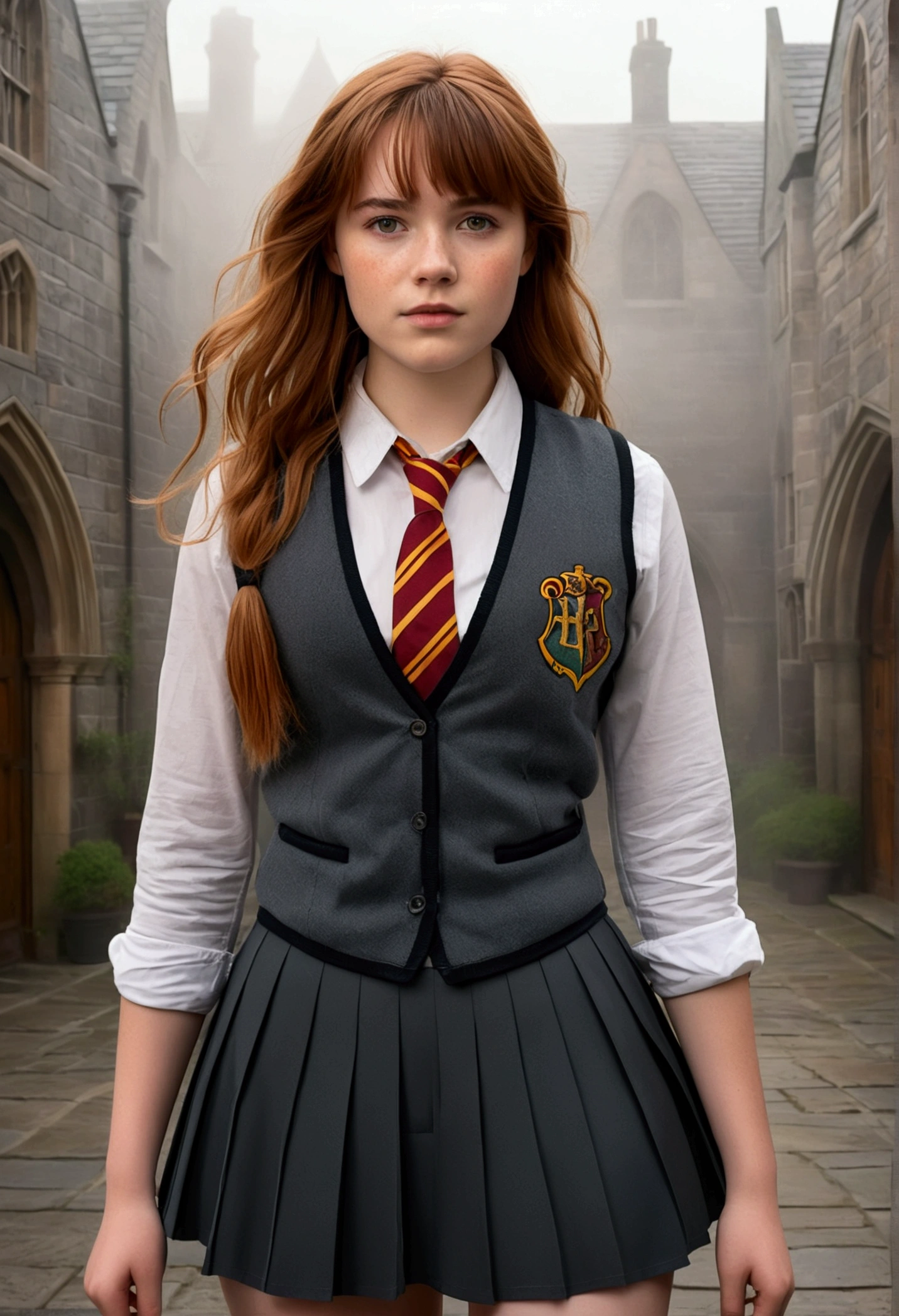 An illustrated movie poster, hand-drawn, full color, a teenage Hogwarts student, 18-years-old, female, wearing a charcoal vest and a pleated skirt, athletic hourglass figure, busty bosoms, full wide hips, massive round butt, long shapely legs, ridiculously thick powerful thighs, vibrant eyes, red auburn hair, thick shaggy bangs, flushed sun-kissed complexion, freckles, resembles Willa Fitzgerald, standing in a foggy Hogwarts courtyard, surrounded by mist, graphite shading, stencil marks, airbrushed acrylic paint, masterpiece