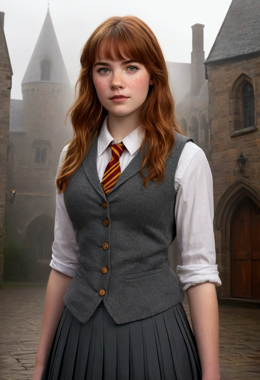 An illustrated movie poster, hand-drawn, full color, a teenage Hogwarts student, 18-years-old, female, wearing a charcoal vest and a pleated skirt, athletic hourglass figure, busty bosoms, full wide hips, massive round butt, long shapely legs, ridiculously thick powerful thighs, vibrant eyes, red auburn hair, thick shaggy bangs, flushed sun-kissed complexion, freckles, resembles Willa Fitzgerald, standing in a foggy Hogwarts courtyard, surrounded by mist, graphite shading, stencil marks, airbrushed acrylic paint, masterpiece
