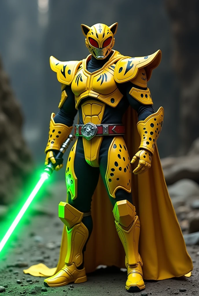 Jedi themed Kamen Rider with a cheetah motif in yellow armor with black spots, Luke's green lightsaber & a transformation belt with a cheetah head buckle.