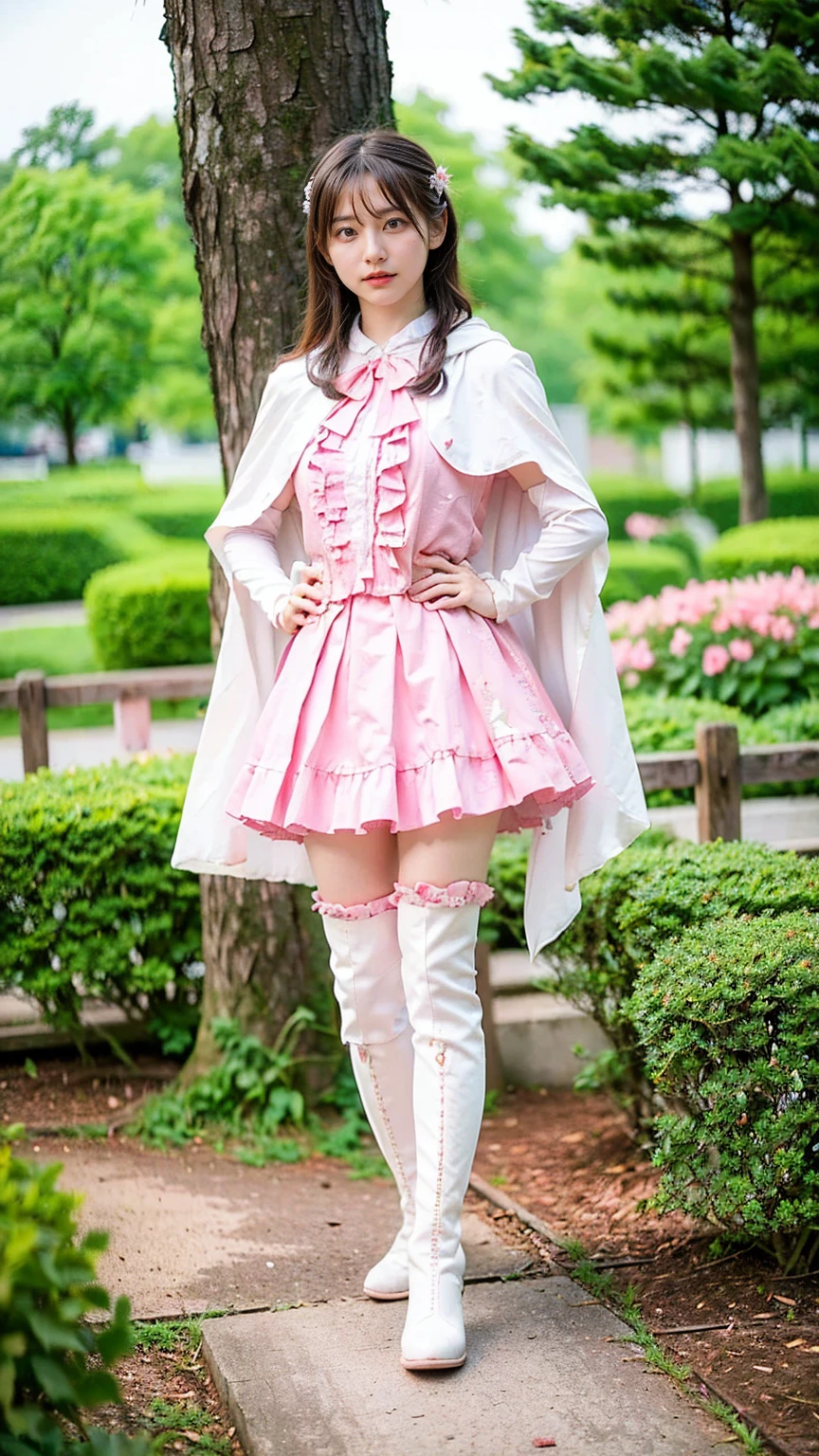 (8k、RAW Photos、Highest quality、masterpiece:1.2)、(Realistic、Realistic)、1 person、((White and pink、garden、Frills、Cape、mini skirt、Thin legs、whole body、boots、View from the front、Looking into the camera、Stand with hands on hips))、cute