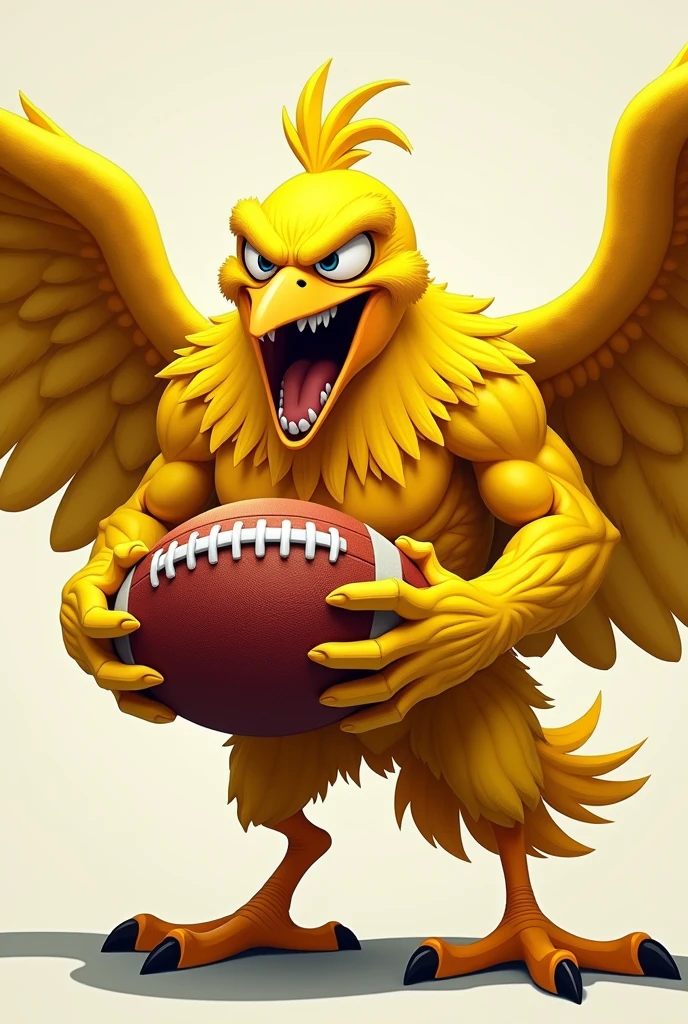 angry yellow bird, with human characteristics, angry face, Football, shout, big wings