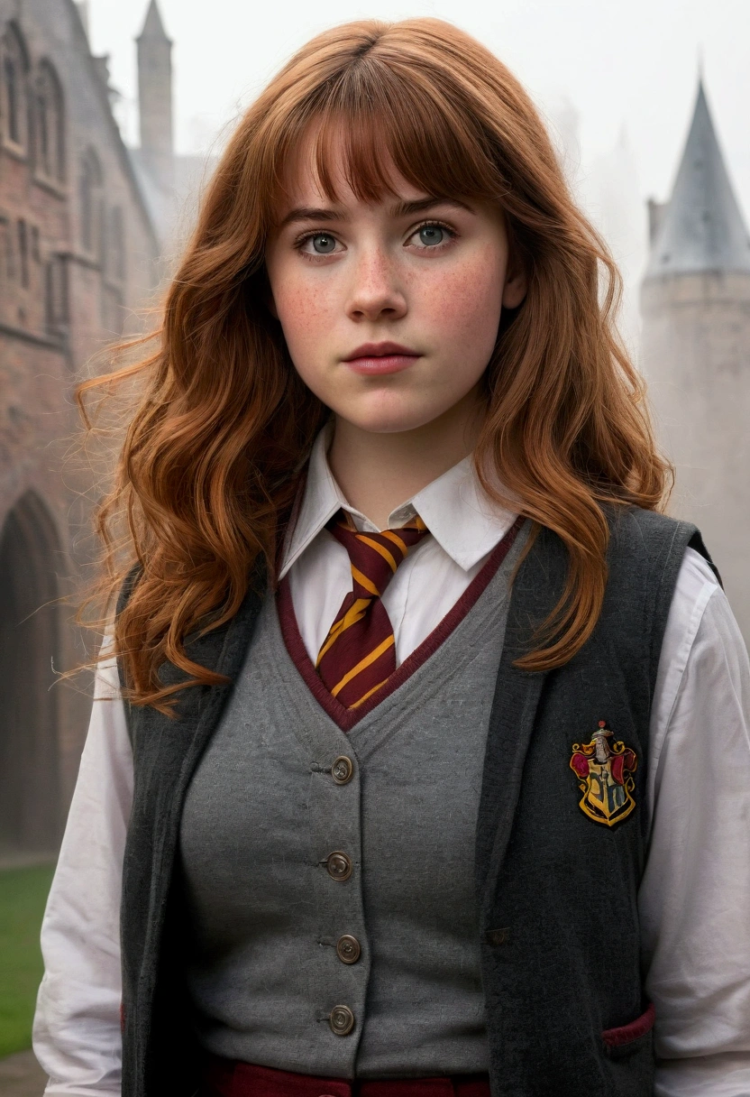 An illustrated movie poster, hand-drawn, full color, a teenage Hogwarts student, 18-years-old, female, wearing a charcoal vest and a pleated skirt, athletic hourglass figure, busty bosoms, full wide hips, massive round butt, long shapely legs, ridiculously thick powerful thighs, vibrant eyes, red auburn hair, thick shaggy bangs, flushed sun-kissed complexion, freckles, resembles Willa Fitzgerald, standing in a foggy Hogwarts courtyard, surrounded by mist, graphite shading, stencil marks, airbrushed acrylic paint, masterpiece