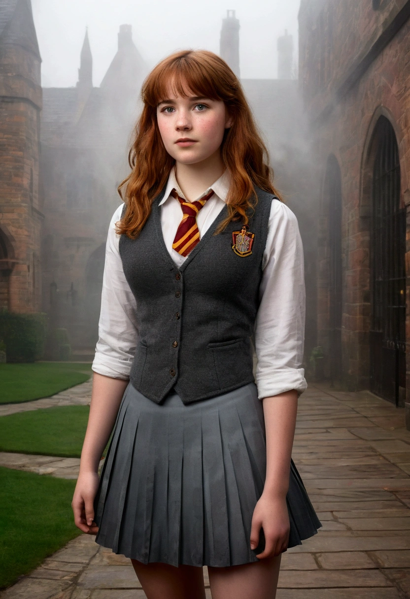 An illustrated movie poster, hand-drawn, full color, a teenage Hogwarts student, 18-years-old, female, wearing a charcoal vest and a pleated skirt, athletic hourglass figure, busty bosoms, full wide hips, massive round butt, long shapely legs, ridiculously thick powerful thighs, vibrant eyes, red auburn hair, thick shaggy bangs, flushed sun-kissed complexion, freckles, resembles Willa Fitzgerald, standing in a foggy Hogwarts courtyard, surrounded by mist, graphite shading, stencil marks, airbrushed acrylic paint, masterpiece