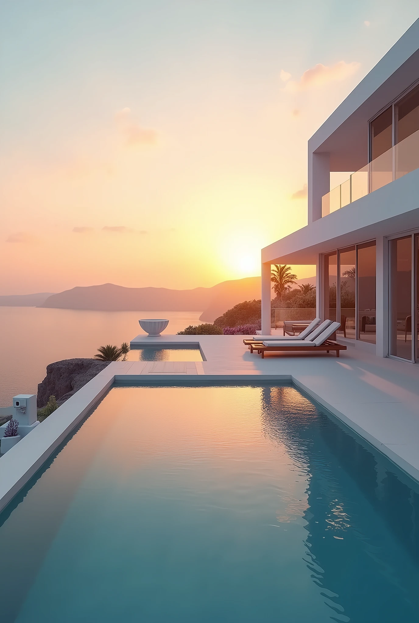 (masterpiece:1.2, Highest quality, Ultra-high resolution, Very detailed, Realistic, RAW Photos:1.2, Elaborate photos), 8k, wallpaper, (Ray Tracing), Santorini villa, (Ultra-modern architecture, Whitewashed walls with clean lines, Infinity pool overlooking the Aegean Sea, Glorious sunset casting golden hues), A photo capturing the luxurious and serene atmosphere of the villa’s exterior as it glows in the soft light of the setting sun.