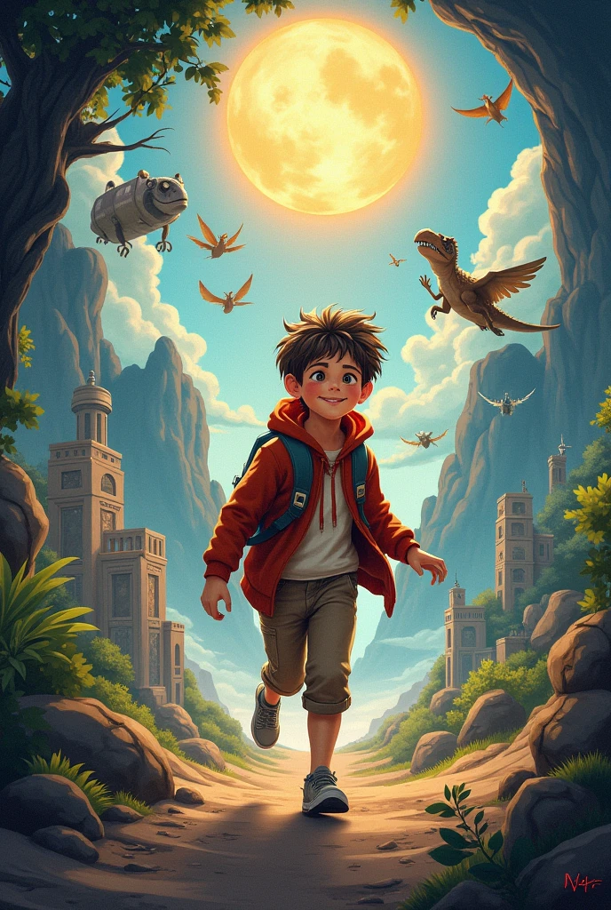 create the front of a book cover without text, where it is about a boy, who experiences various adventures. including a journey into the future, into the past, to dinosaurs, finds a treasure and more