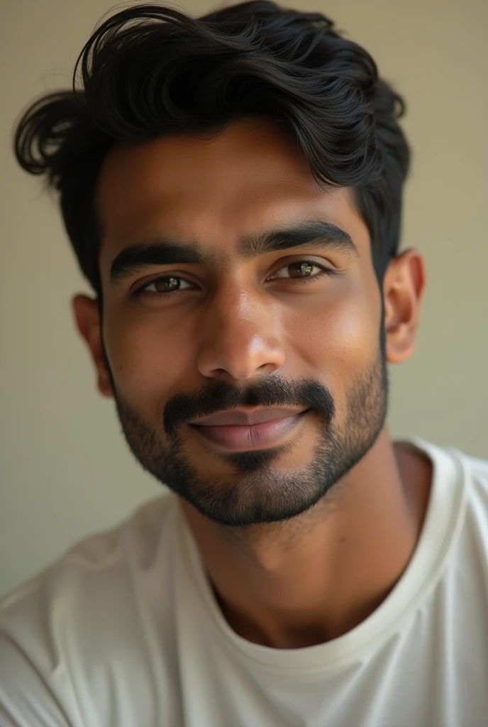 
best quality, face focus, soft light, ultra high res, (photorealistic:1.4), RAW photo, 40 yr old tamil youth  solo, cute, (pupil, lights in the eyes), detailed  face with moustache, broad shoulders (high resolution detail of human skin texture), (short hair), indoor, cream colour  Shirt , (portrait)