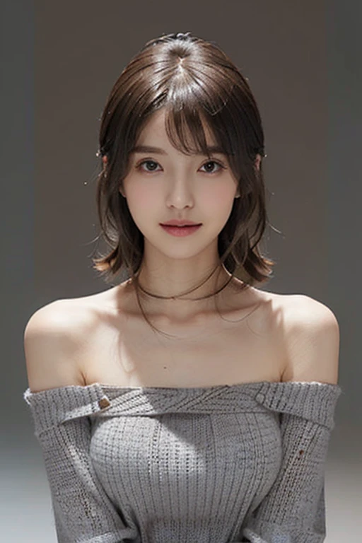 Highest quality、Drawn details、(Put your face and upper body in:2)、masterpiece、Ultra-high resolution、(Realistic:1.4)、RAW Photos、(Beautiful poop:1.5)、cute、smile、(Brown medium hair:2)、1 person、(Firm breasts, Huge breasts:1.5)、(Fair and beautiful skin:1.7)、(Slender:1.5)、(Narrow waist, Thin arms, Thin neck, Narrow shoulders:1.5)、(dress、No sleeve、knit、gray:1.5)、break (Simple gradient background、gray:1.5)、(Flat lighting、Soft lighting:1.3)