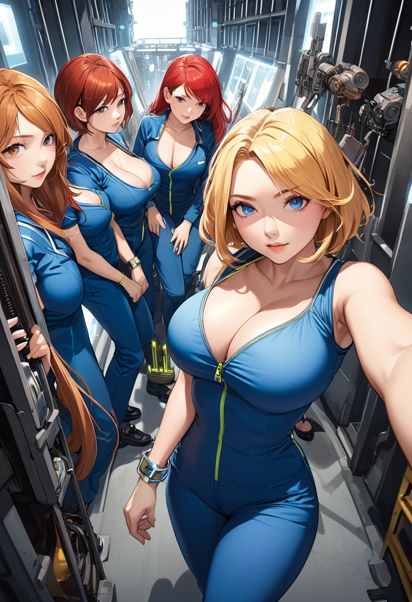 detailed illustration, dynamic angle, ultra-detailed, illustration, lots of women, 4girls, multiple girls, blonde, brunette, red head, long hair, short hair,  and a PipBoy on her wrist, machinery, industrial, inside, florescent lights, teens, milfs, medium breasts, large breasts, cleavage, wearing (blue jump suits with yellow zippers: 1.0), cage elevator