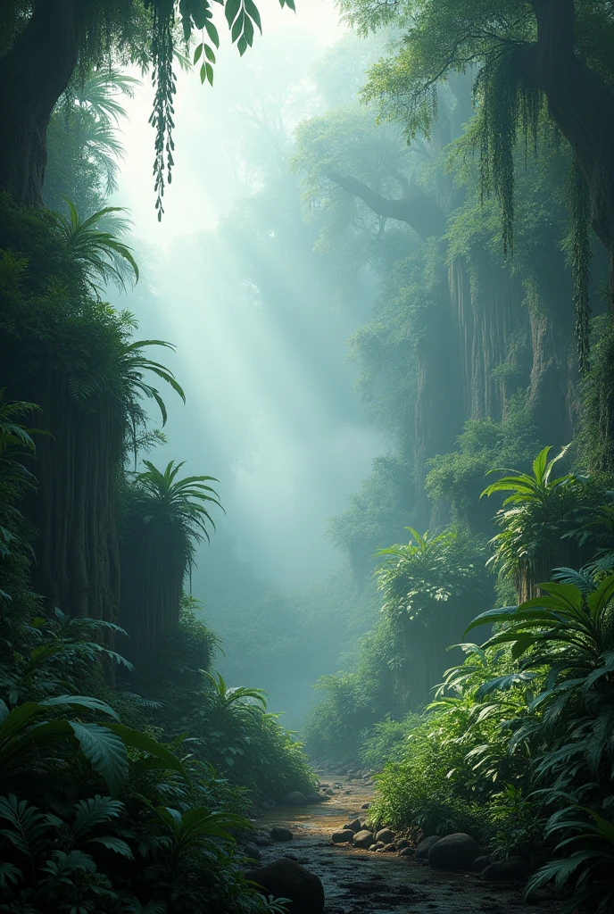 Realistic landscape rain forest fog 