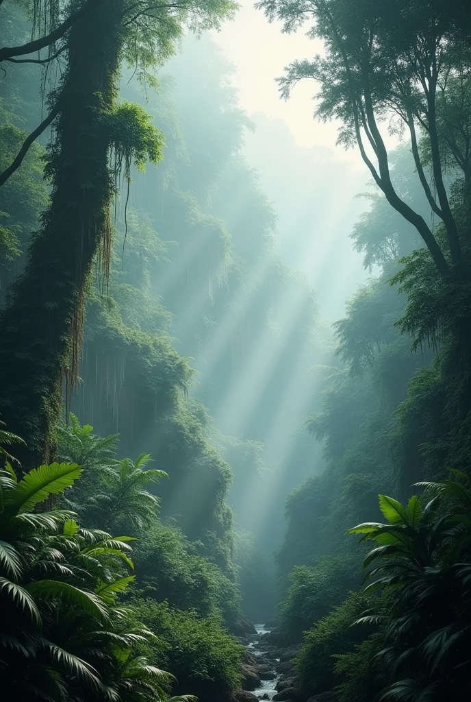 Realistic landscape rain forest fog