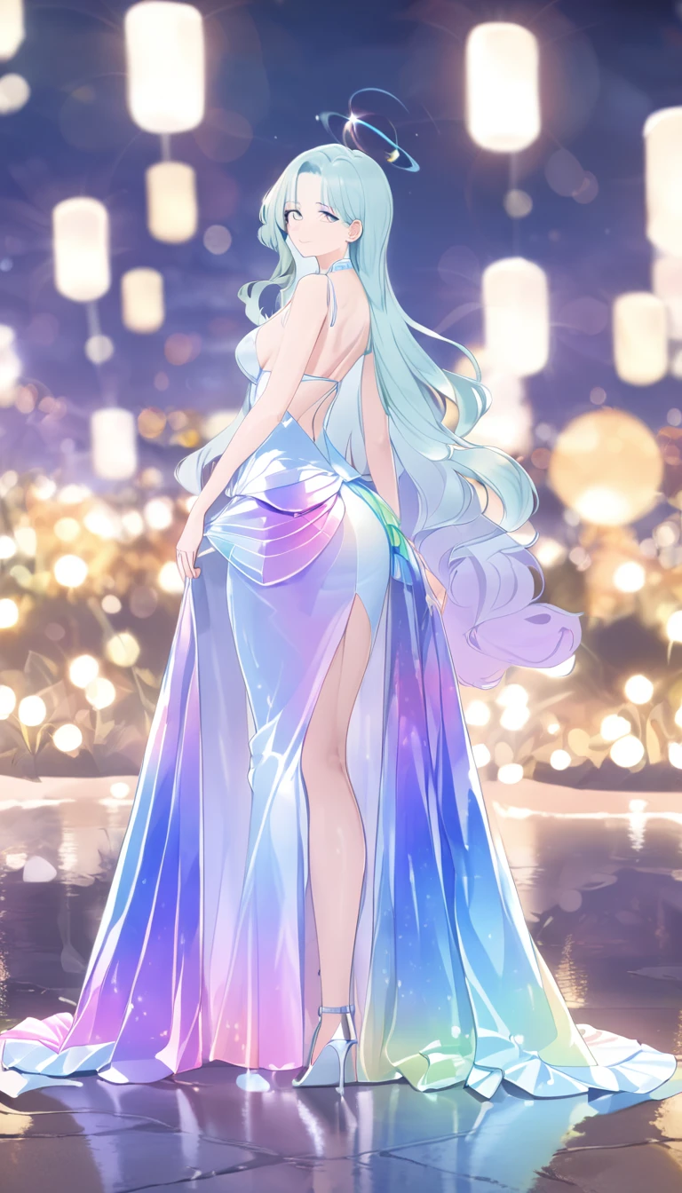  ((high detail, high quality, best picture, Masterpiece, 8k, delicate and dynamic depiction)), in the beach side terrace, full body standing, sexy pose, beautiful woman in her 20s with medium breasts, she is wearing a Gorgeous and voluminous dress made of lots of fabric, Luminous design, shiny glossy iridescent clothes, shiny glossy gradient iridescent clothes, shiny reflective clothes, pastel colors, ink drops, summer lights, Bokeh, Pale, soft gradient, 177013