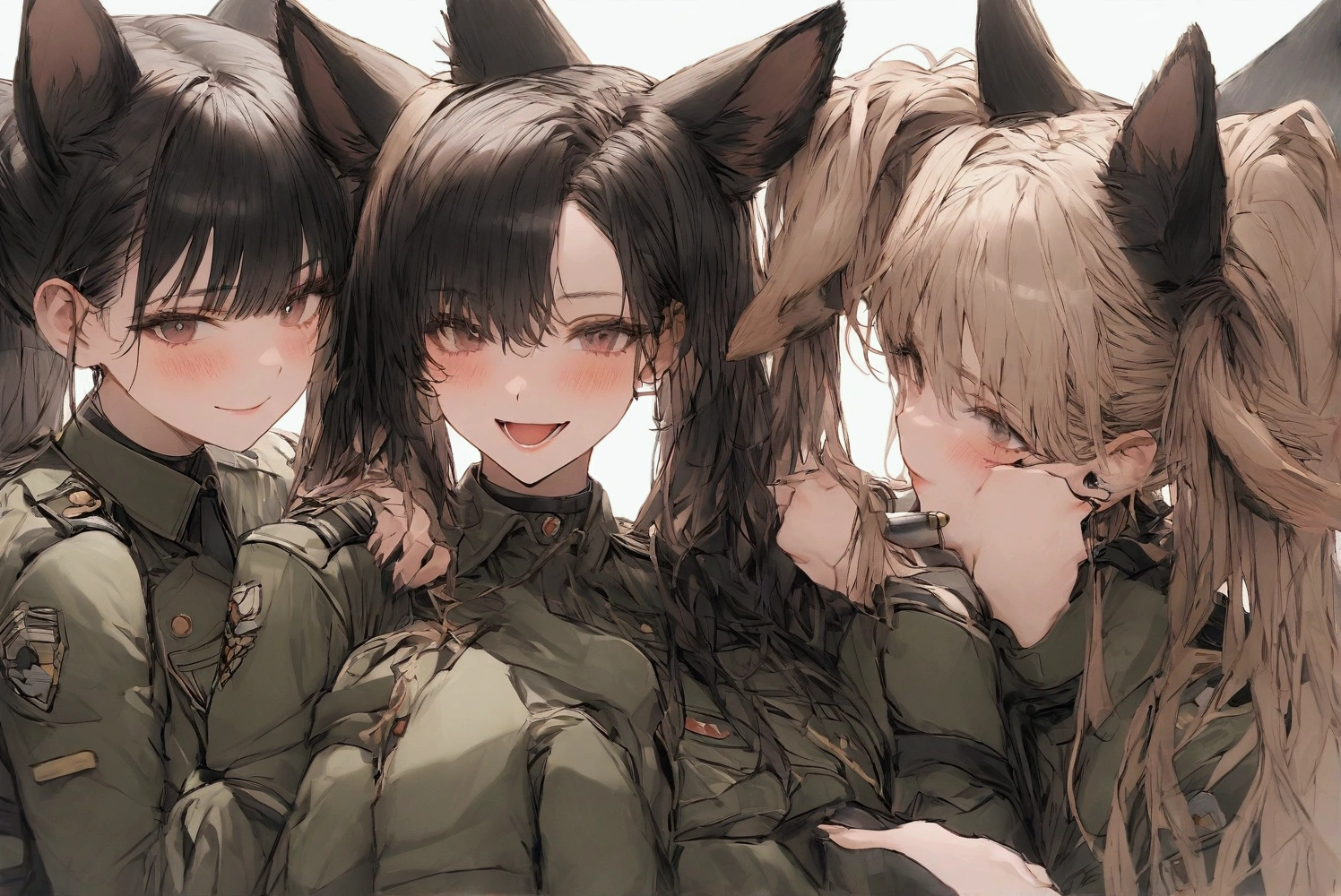 Animal ears士兵兵变,Multiple Girls,手拿Long knife,Shout out,Long knife,torch,barracks,Modern military uniform,身穿Modern military uniform,Animal ears,