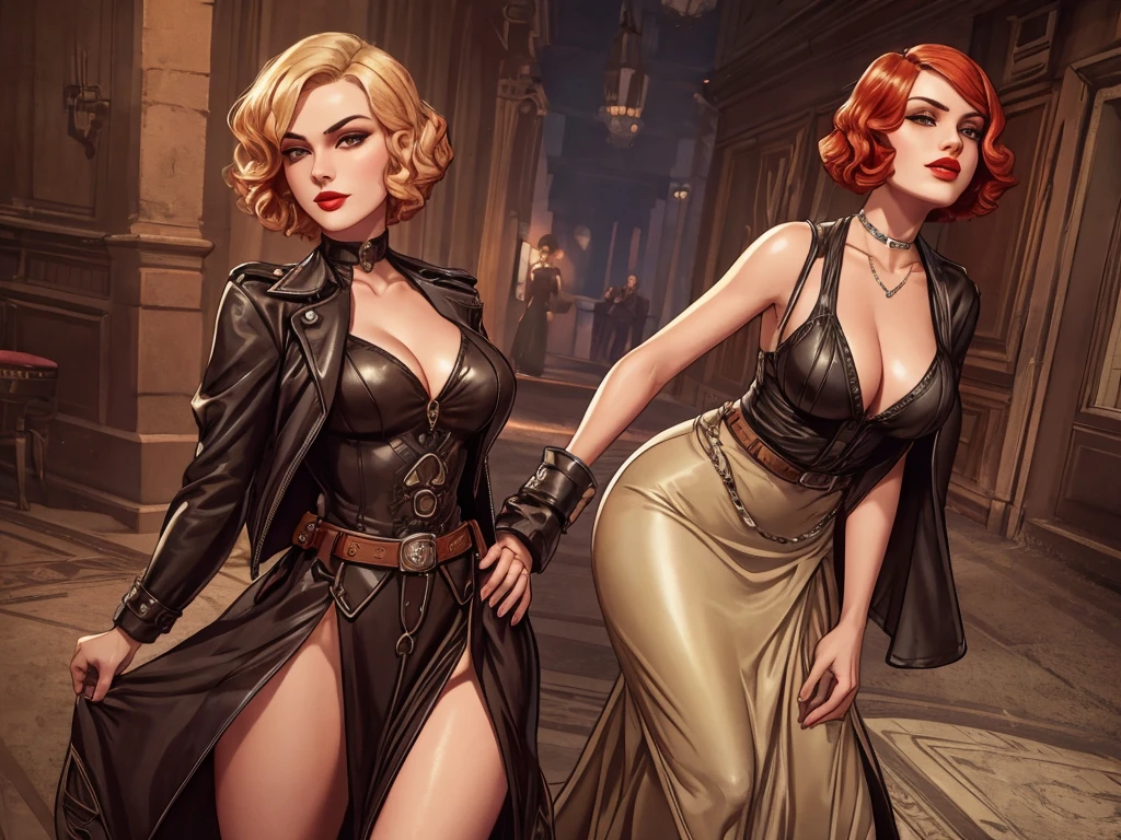 three sisters, 1920s femme fatale, elegantly dressed in a sleek, floor-length gown with a plunging neckline and intricate beading, short wavy bobbed hair with a finger wave, bold dark red lipstick, 1920s tomboy adventurer, wearing rugged, practical clothing with a utility belt and a leather jacket, short blonde hair styled in a tousled bob, 1920s hardboiled detective, striking red hair styled in soft waves, tailored trench coat and a fedora, sharp no-nonsense attitude, cinematic lighting, low-angle shot