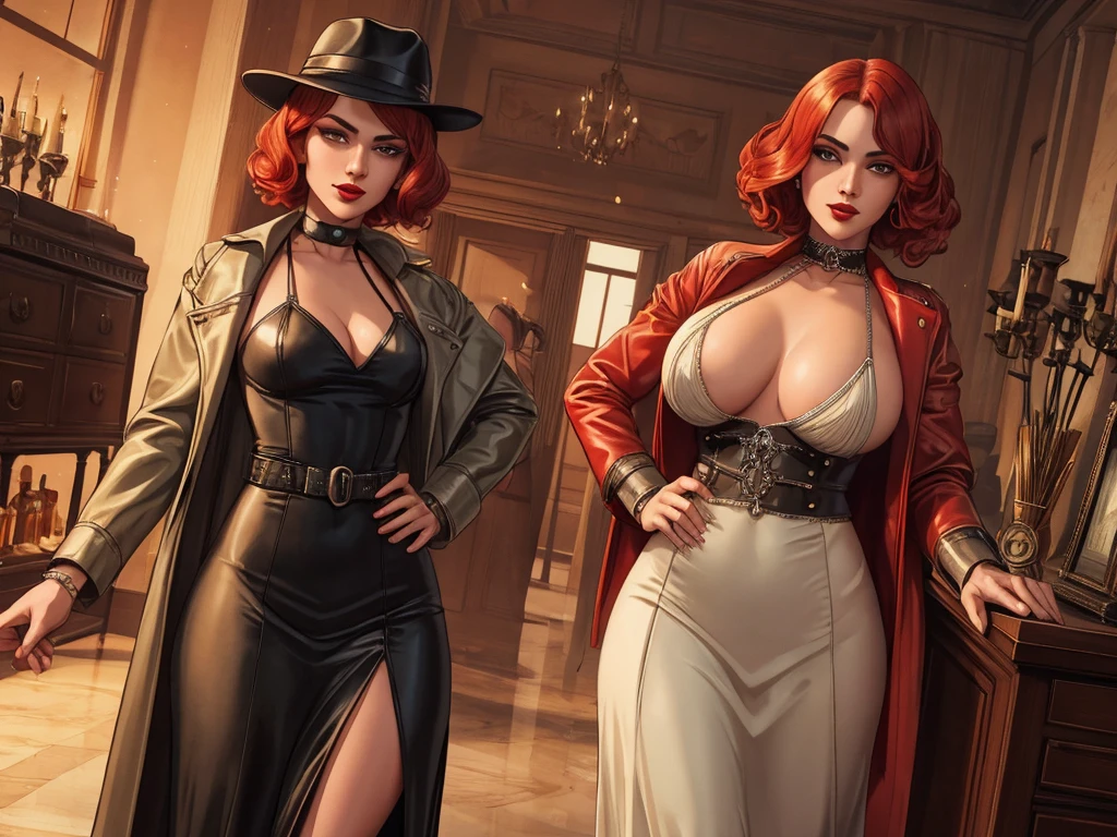 three sisters, 1920s femme fatale, elegantly dressed in a sleek, floor-length gown with a plunging neckline and intricate beading, short wavy bobbed hair with a finger wave, bold dark red lipstick, 1920s tomboy adventurer, wearing rugged, practical clothing with a utility belt and a leather jacket, short blonde hair styled in a tousled bob, 1920s hardboiled detective, striking red hair styled in soft waves, tailored trench coat and a fedora, sharp no-nonsense attitude, cinematic lighting, low-angle shot
