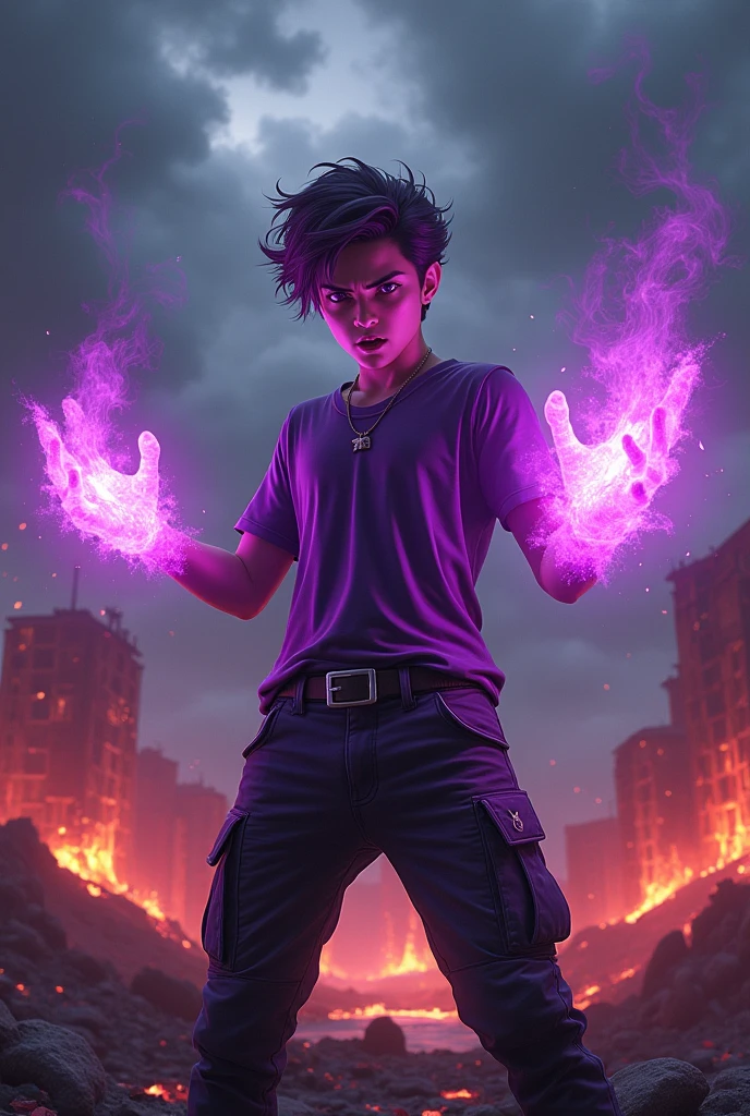 a man real teenage 14 year old Malaysia Indonesia.(purple glasses) sharp eyes. Anger face. Open mouth. . wearing an (dark purple ) future shirt . anger face.wavy hairstyle purple. Dramatic.. stand on lava ,(dark purple)cargo pant,, detailed face, cinematic lighting, dramatic atmosphere,.hot day. vibrant colors, 8k, high quality, photorealistic. Hero suit.shadow power dark power from his hand. Glowing magic element shadow elment from hand, ember everywhere . Glowing dark purple, shadow logo design on pant . Very strong. Future design dress. Very epic. Very hot background.. dark sky. Very strong . fire very strong . Flying burn dry leave everywhere..Shadow Imitation sharp shape power from hand .rasengan . at volcano Damage building. Floating small rock everywhere. kamehameha