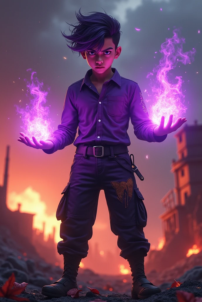 a man real teenage 14 year old Malaysia Indonesia.(purple glasses) sharp eyes. Anger face. Open mouth. . wearing an (dark purple ) future shirt . anger face.wavy hairstyle purple. Dramatic.. stand on lava ,(dark purple)cargo pant,, detailed face, cinematic lighting, dramatic atmosphere,.hot day. vibrant colors, 8k, high quality, photorealistic. Hero suit.shadow power dark power from his hand. Glowing magic element shadow elment from hand, ember everywhere . Glowing dark purple, shadow logo design on pant . Very strong. Future design dress. Very epic. Very hot background.. dark sky. Very strong . fire very strong . Flying burn dry leave everywhere..Shadow Imitation sharp shape power from hand .rasengan . at volcano Damage building. Floating small rock everywhere. kamehameha