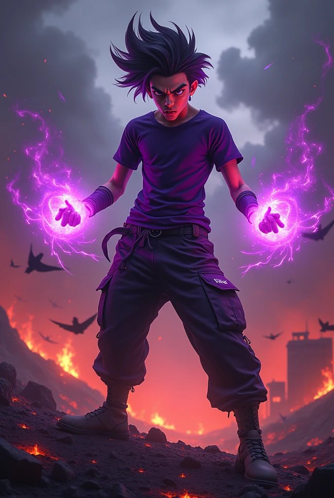 a man real teenage 14 year old Malaysia Indonesia.(purple glasses) sharp eyes. Anger face. Open mouth. . wearing an (dark purple ) future shirt . anger face.wavy hairstyle purple. Dramatic.. stand on lava ,(dark purple)cargo pant,, detailed face, cinematic lighting, dramatic atmosphere,.hot day. vibrant colors, 8k, high quality, photorealistic. Hero suit.shadow power dark power from his hand. Glowing magic element shadow elment from hand, ember everywhere . Glowing dark purple, shadow logo design on pant . Very strong. Future design dress. Very epic. Very hot background.. dark sky. Very strong . fire very strong . Flying burn dry leave everywhere..Shadow Imitation sharp shape power from hand .rasengan . at volcano Damage building. Floating small rock everywhere. kamehameha
