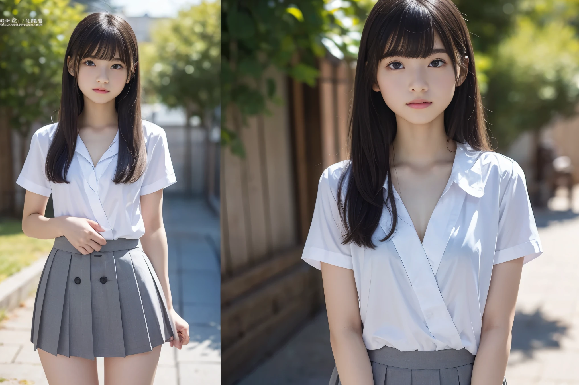 High resolution、High resolution、In 8K、RAW Photos、Highest quality、masterpiece、18-year-old girl, (Flat chest like:1.2), ((Skinny body:1.2)), Wavy Hair,, Anatomically correct、bangs、Waist、thigh、Japanese high school uniform