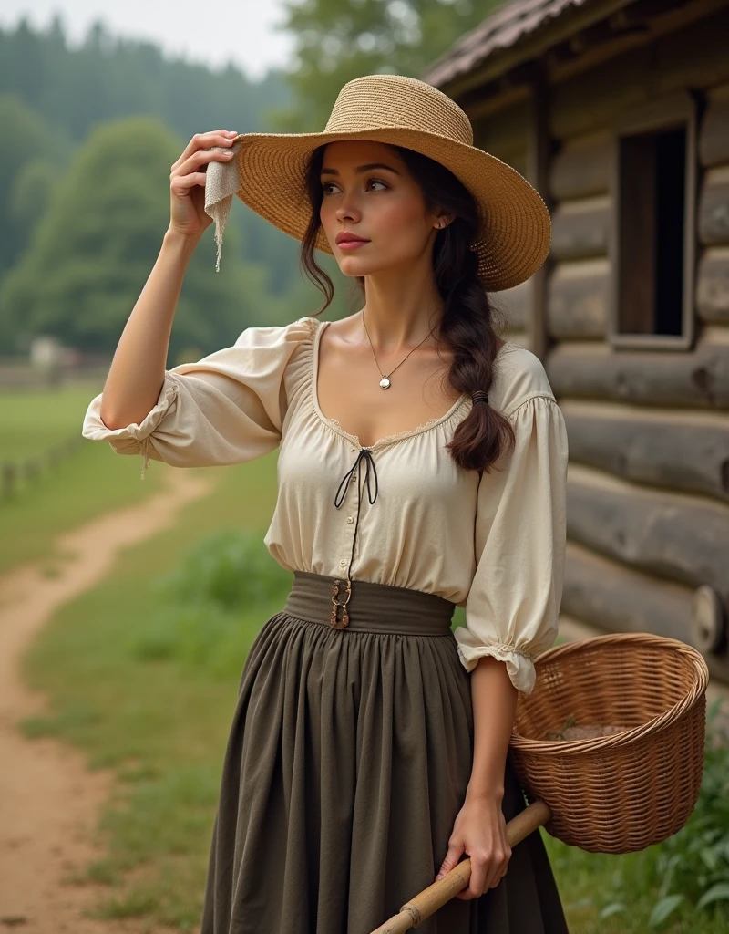 A beautiful woman dressed as a farmer in mid-19th century clothing stands on a farm, wiping sweat from her forehead with a handkerchief. She wears a light-colored blouse with rolled-up sleeves, a corseted bodice, and a long skirt, typical of the era. A wide-brimmed straw hat shades her face, and her expression is serene and composed. She is holding a wooden handle, possibly of a farming tool, and there is a wicker basket beside her, with a background of a rustic farmyard and wooden structures. The scene is set in a sunny, rural landscape with greenery in the distance