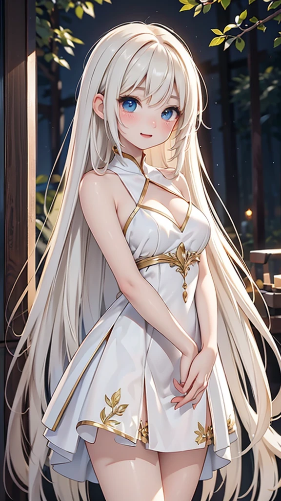 European woman in her late 20s、Anime style illustrations。Short, young and beautiful、Fair skin。Full of joy。Short, young and beautiful、Long bright golden white hair。Slender and slim figure。She is wearing an elegant dress like a fairy。The background is a night forest。The overall atmosphere is delicate and dreamy.。High quality digital art。