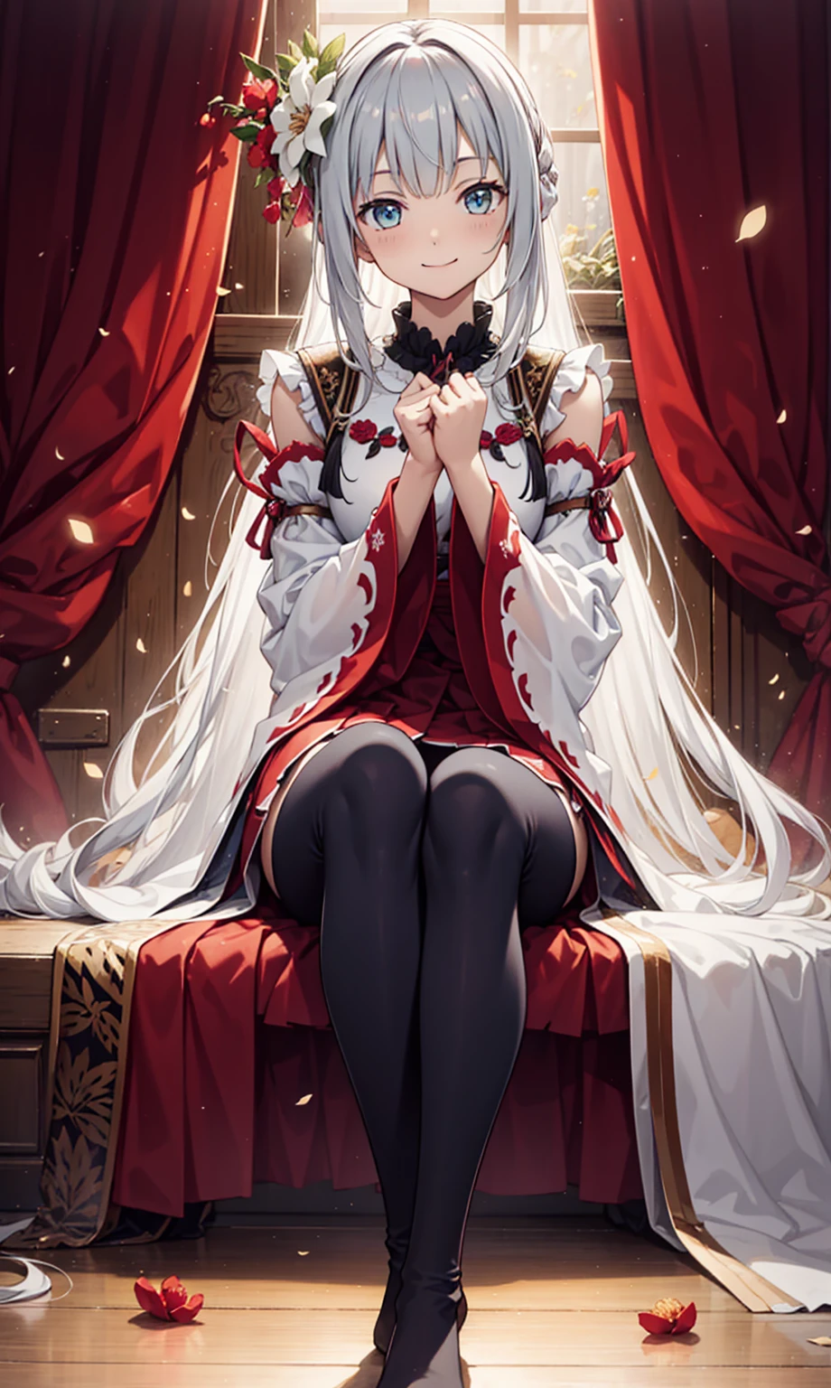Alone,night,In the room,Smile,Very shy,saints,Transparent Pajamas,Transparent sleeves,Obsessed,Petal edges,cute,Light,gentle,Snowflake decoration,Extremely detailed CG 8k wallpaper,Best quality,masterpiece,high resolution