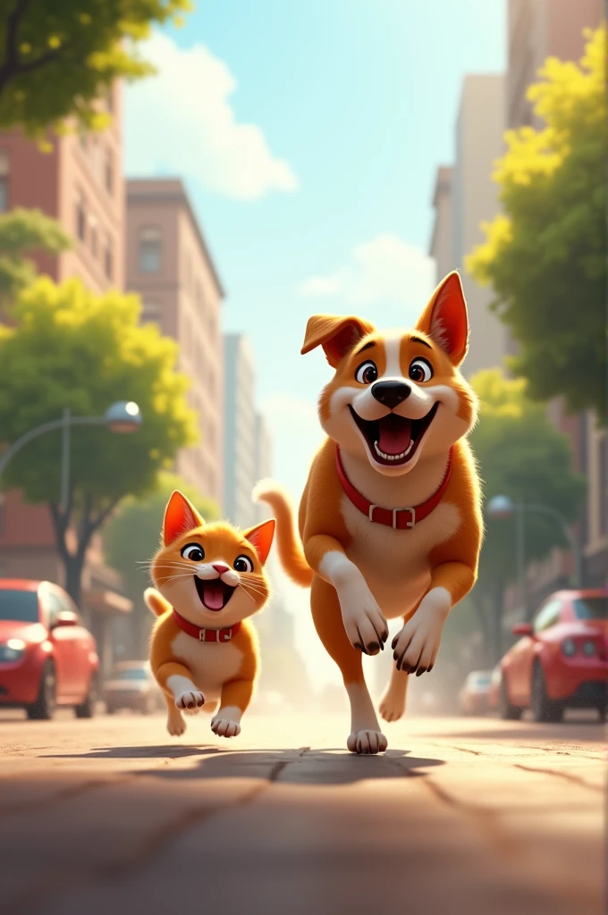 A dog is running after a cat