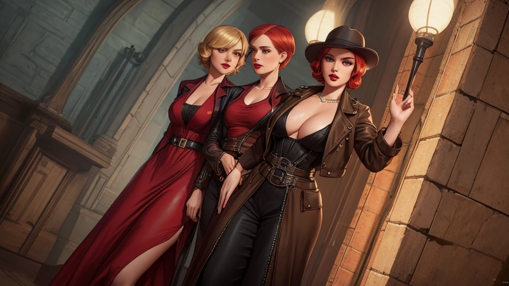 three sisters, 1920s femme fatale, elegantly dressed in a sleek, floor-length gown with a plunging neckline and intricate beading, short wavy bobbed hair with a finger wave, bold dark red lipstick, 1920s tomboy adventurer, wearing rugged, practical clothing with a utility belt and a leather jacket, short blonde hair styled in a tousled bob, 1920s hardboiled detective, striking red hair styled in soft waves, tailored trench coat and a fedora, sharp no-nonsense attitude, cinematic lighting, low-angle shot