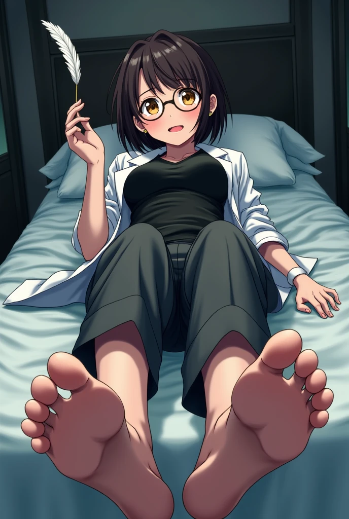 create the image of a 28 year old anime style character with short dark brown hair to the shoulder, round prescription glasses, skin fair, yellow seductive eyes, black jersey, lab coat and tailored pants, earrings and the body reasonably "big fit ass", she is lying tied to a table with her arms tied behind her and her legs stretched out and tied in front where ropes are tying her ankles with her bare feet with the soles exposed, This character is crying with laughter while a mysterious man runs a feather over the soles of his feet which have 5 toes
