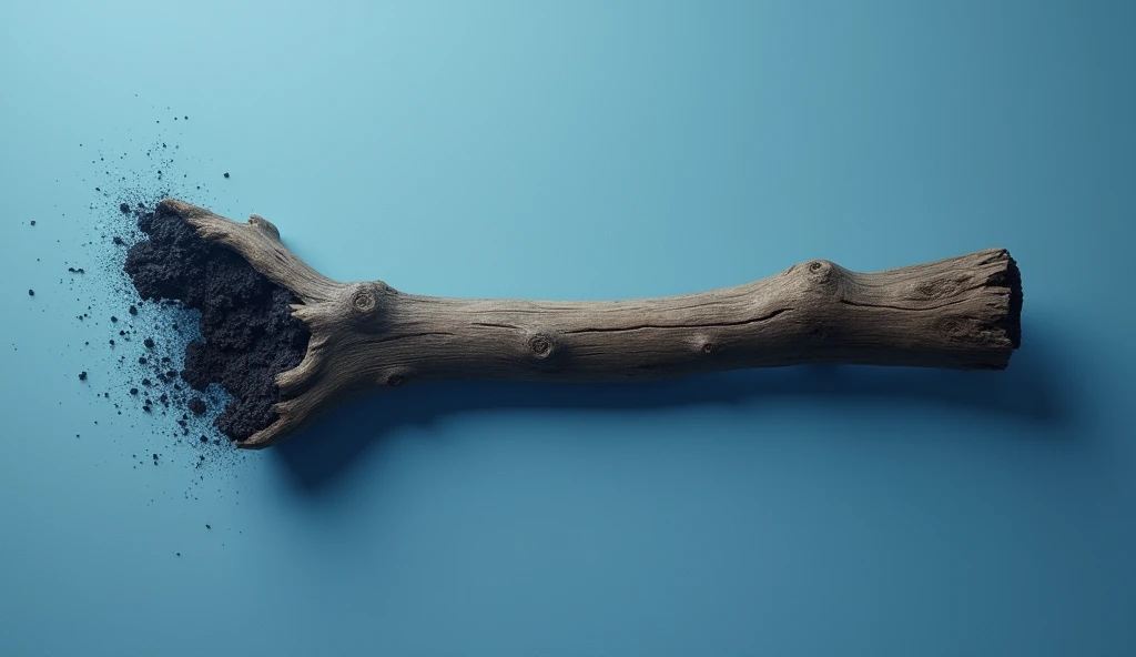 Create an image of a wooden stick lying on a blue background. the stick has irregular shape on both of its ends. The stick has a natural, rough texture with visible grain and small knots. The tip of the stick is burnt, with charred, blackened wood, and ash clinging to it, but no fire or smoke remains. The contrast between the unburnt, lighter wood and the dark, burnt tip is stark., the background has subtle lighting that highlights the stick's texture and the transition from the unburnt to the burnt area, creating a slightly eerie yet tranquil atmosphere. top view