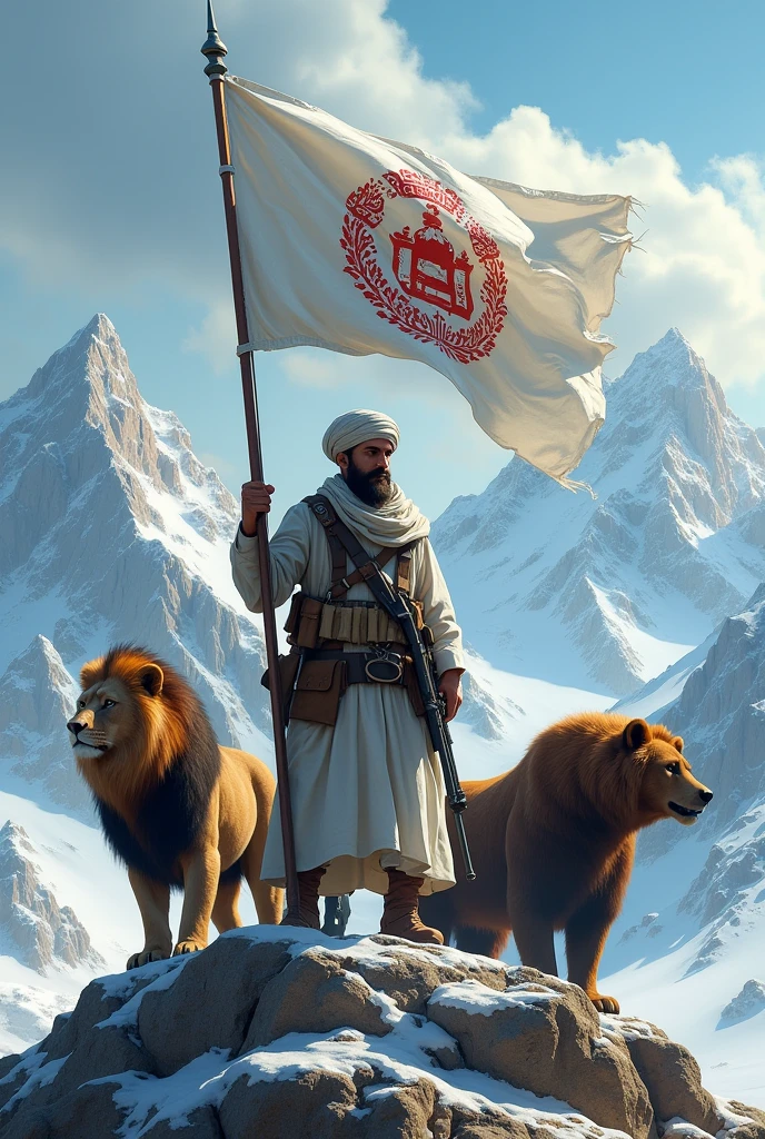 Generate me a picture of the white flag of Afghanistan with the creed written on it, where a Taliban fights on a mountain with a lion and a bear