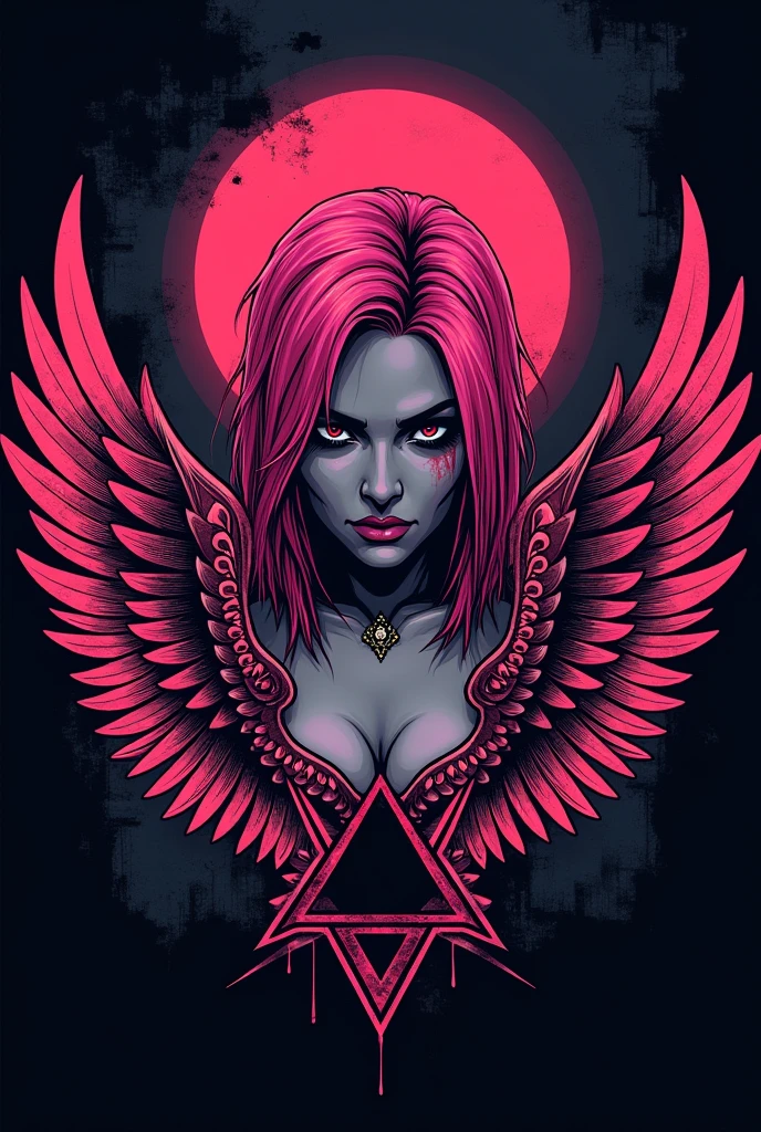 Create a logo that says Hells Angel with a wing, with pink details. referencing a pink-haired Japanese gangster woman