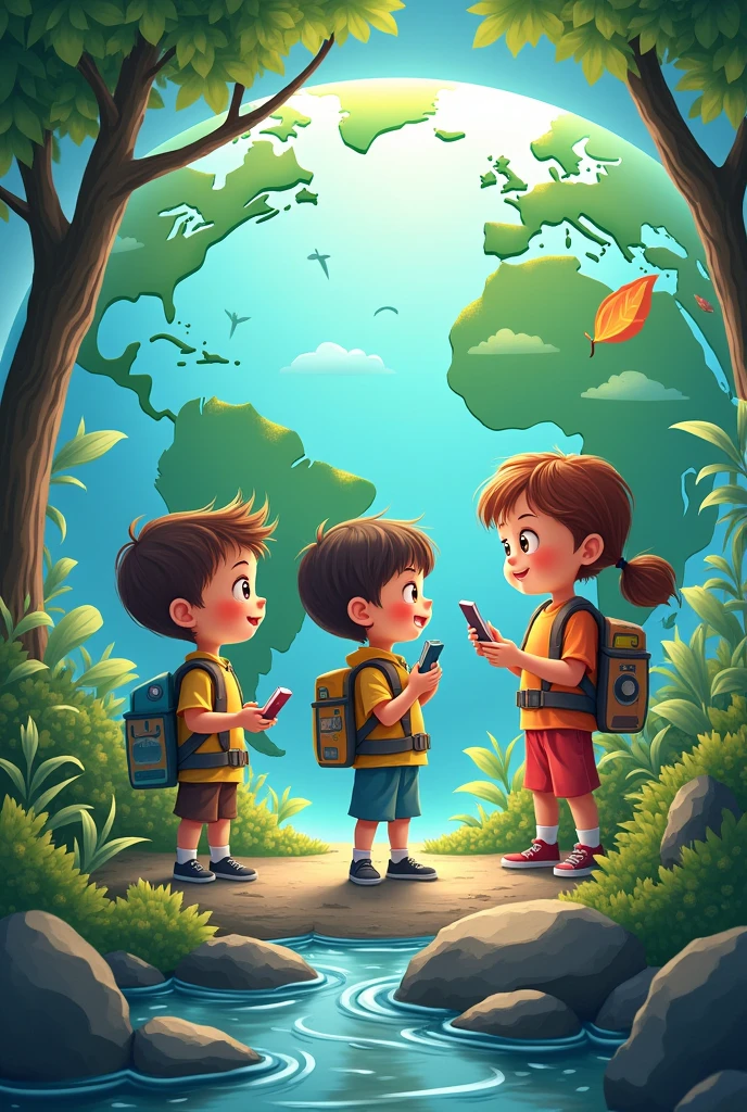 Education that transforms nature, transforms the world. Children studying about nature, with children&#39;s robots, Looking at planet earth. Logo to print on shirt

