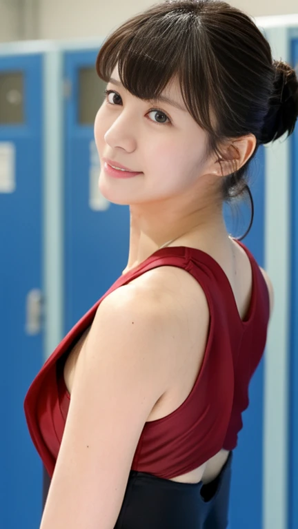 [super high quality,masterpiece,High resolution],((Japanese,woman,Super Beauty,cute,,No makeup,smile)),(Black Hair,short hair,tying my hair up in a ponytail),(Body with seven heads,Model body type,Beautiful Skin),(Red swimsuit,Wearing a one-piece competition swimsuit),locker room,locker roomのベンチに座っている,Out of focus background