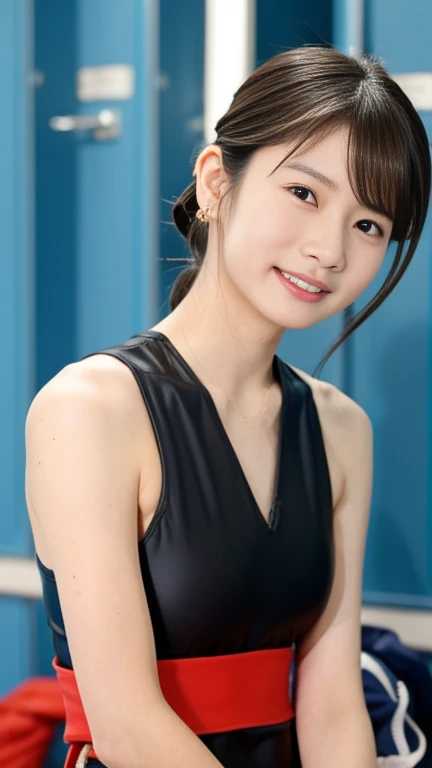 [super high quality,masterpiece,High resolution],((Japanese,woman,Super Beauty,cute,,No makeup,smile)),(Black Hair,short hair,tying my hair up in a ponytail),(Body with seven heads,Model body type,Beautiful Skin),(Red swimsuit,Wearing a one-piece competition swimsuit),locker room,locker roomのベンチに座っている,Out of focus background