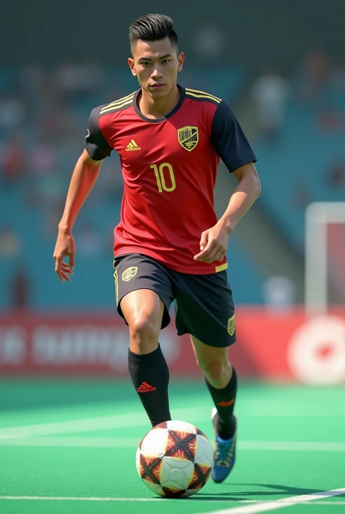 (photorealism) 18 year old Indonesian male ,haircut (short slicked back),Thin and short body (short) ,playing futsal ,wearing a jersey , on the futsal field
