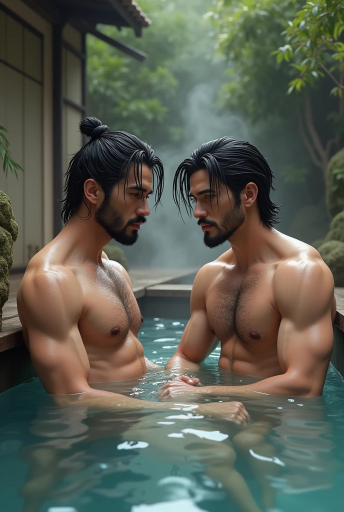 A group of Japanese men taking a bath in a hot spring！Handsome muscular beard ！Japanese outdoor hot spring！Man in underwear sitting on bench，, 2 muscular attractive men, Muscular men entwined together, two muscular men, muscular bodies, love, 