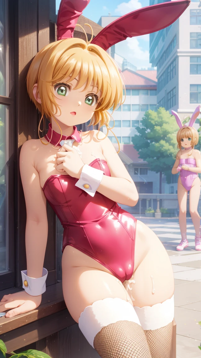 masterpiece, Highest quality, High resolution, (Two Girls), (Multiple Girls), Detailed face, blush, Anime CG style, (Medium chest), (18-year-old girl:1.3), (Old age), Good lighting, Perfect body, Sakura Kinomoto, Glossy Lips, City Street, strapless leotard, Detachable collar, Wrist cuff, (White fishnet stockings), Bunny ears, (Curvy) , naked , pussy , after cum , dogging