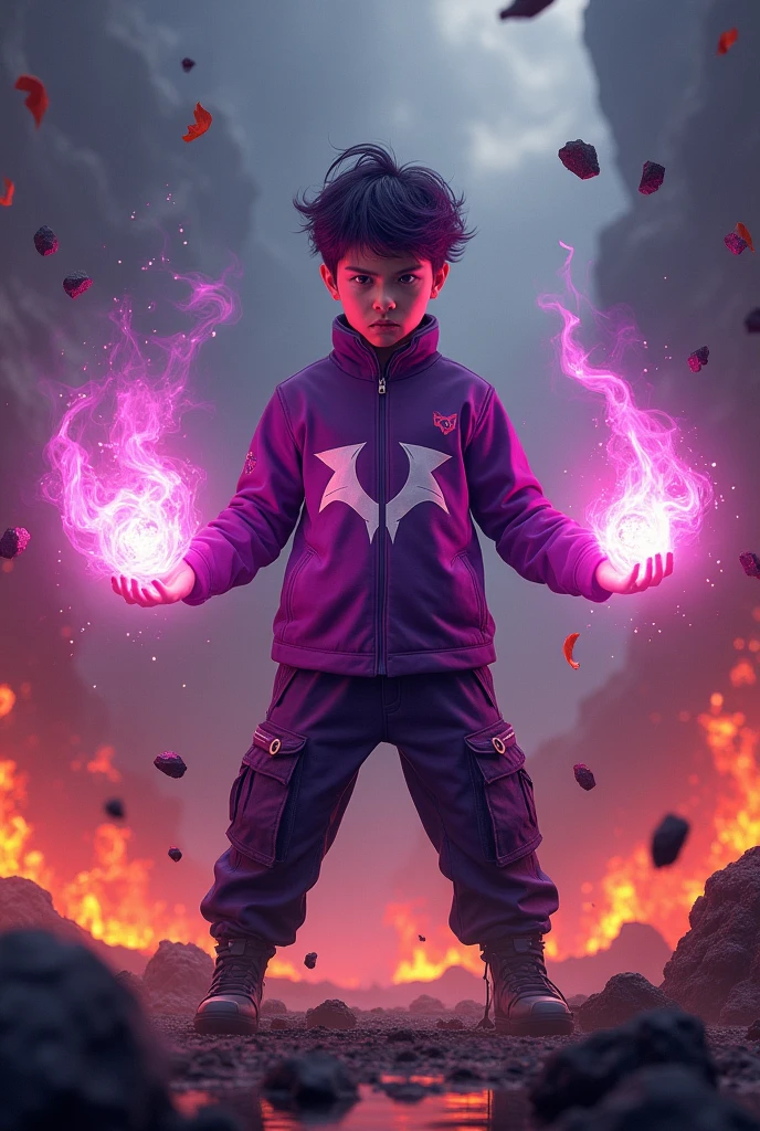 a man real teenage 14 year old chinese.(purple glasses) sharp eyes. Anger face. Open mouth. . wearing an (dark purple ) future shirt . anger face.wavy hairstyle purple. Dramatic.. stand on lava ,(dark purple)cargo pant,, detailed face, cinematic lighting, dramatic atmosphere,.hot day. vibrant colors, 8k, high quality, photorealistic. Hero suit.shadow power dark power from his hand. Glowing magic element shadow elment from hand, ember everywhere . Glowing dark purple, shadow logo design on pant . Very strong. Future design dress. Very epic. Very hot background.. dark sky. Very strong . fire very strong . Flying burn dry leave everywhere..Shadow Imitation sharp shape power from hand .rasengan . at volcano Damage building. Floating small rock everywhere. kamehameha
