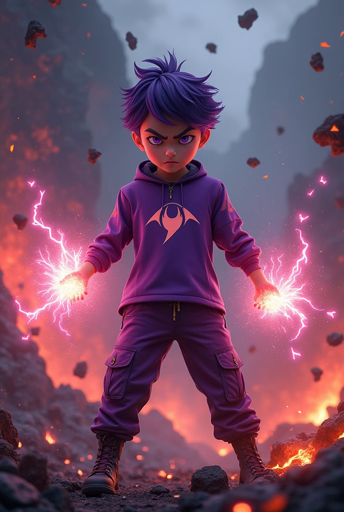 a man real teenage 14 year old chinese.(purple glasses) sharp eyes. Anger face. Open mouth. . wearing an (dark purple ) future shirt . anger face.wavy hairstyle purple. Dramatic.. stand on lava ,(dark purple)cargo pant,, detailed face, cinematic lighting, dramatic atmosphere,.hot day. vibrant colors, 8k, high quality, photorealistic. Hero suit.shadow power dark power from his hand. Glowing magic element shadow elment from hand, ember everywhere . Glowing dark purple, shadow logo design on pant . Very strong. Future design dress. Very epic. Very hot background.. dark sky. Very strong . fire very strong . Flying burn dry leave everywhere..Shadow Imitation sharp shape power from hand .rasengan . at volcano Damage building. Floating small rock everywhere. kamehameha
