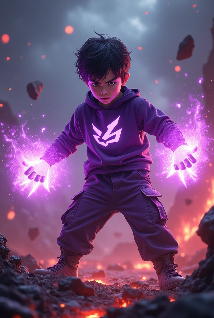 a man real age 14 year old chinese.(purple glasses) sharp eyes. Anger face. Open mouth. . wearing an (dark purple ) future shirt . anger face.wavy hairstyle purple. Dramatic.. stand on lava ,(dark purple)cargo pant,, detailed face, cinematic lighting, dramatic atmosphere,.hot day. vibrant colors, 8k, high quality, photorealistic. Hero suit.shadow power dark power from his hand. Glowing magic element shadow elment from hand, ember everywhere . Glowing dark purple, shadow logo design on pant . Very strong. Future design dress. Very epic. Very hot background.. dark sky. Very strong . fire very strong . Flying burn dry leave everywhere..Shadow Imitation sharp shape power from hand .rasengan . at volcano Damage building. Floating small rock everywhere. kamehameha