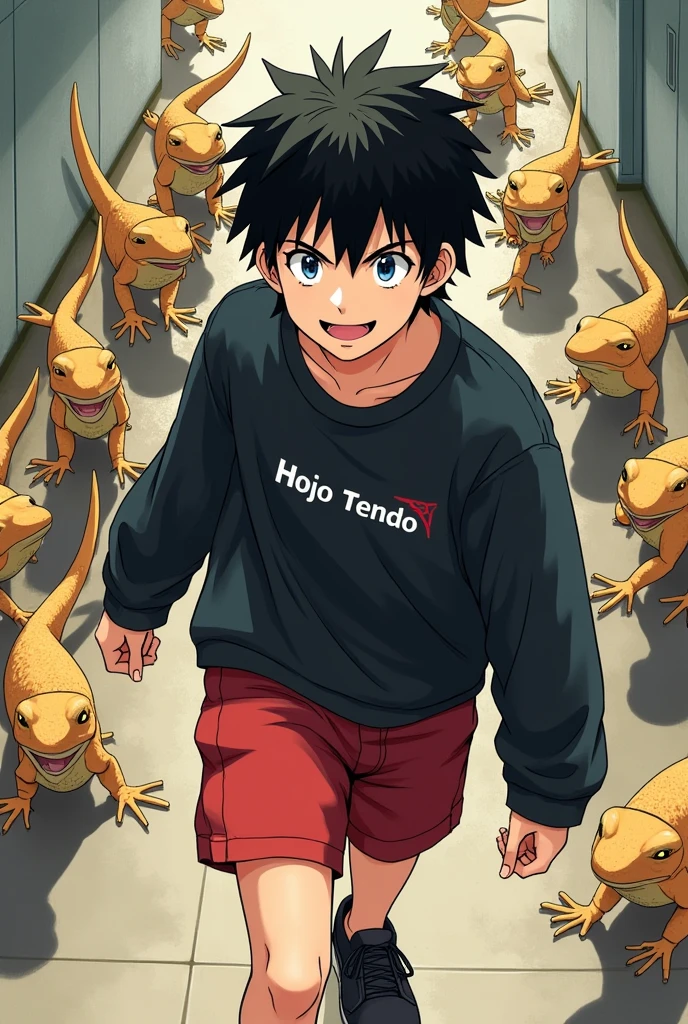 1 Japanese man,Age 16,black short hair,Black long-sleeved shirt with the words Hojo Tendo written on it.,Red shorts,black shoes,behind,A flock of geckos,Pretend to run away,Anime