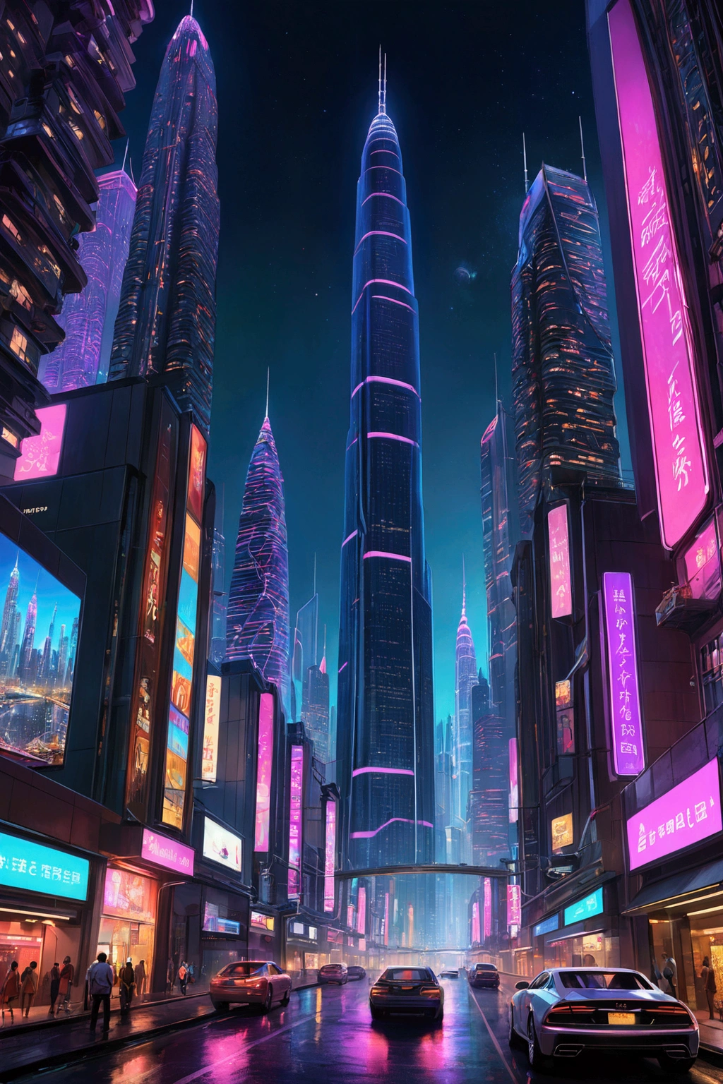 “A breathtaking city of the future at night, with towering skyscrapers made of glass and steel, neon lights, that illuminate the streets beneath us, street view, glittering, sharp edges'