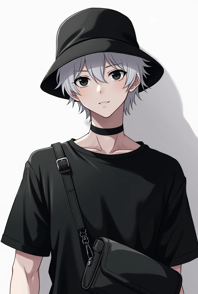 Male, 2d, anime, white hair, black shirt, black eyes, black crossbody bag, idol, black bucket hat