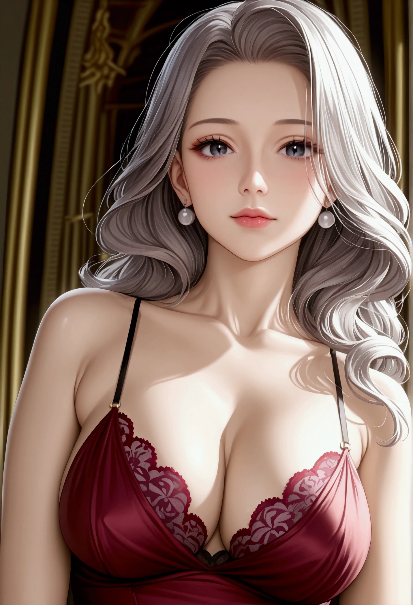 score_9, score_8_superior, score_7_superior, High-resolution CG illustration,A masterpiece in 32K resolution,Highest quality,it is really amazing,Very detailed,Ultra-high resolution,Ultra-realistic,Realistic,Increased depth of field,Cinematic lighting,
Elegant mature Japanese woman,
Shiny silver hair,Wavy long hair,Showing his forehead,god々Beautiful,Ultra-detailed and beautiful face,Sensual look,Beautiful dark brown, moist eyes,Pitch black eyes,Glowing, moisturized skin,Translucent white skin,born々New skin texture,Great proportions,
Elegant wine-red slit dress,spaghetti straps,Deep slit,Detailed and beautiful lace decorations,born地の柔らかな質感,
Black panties,
Black Stockings,
高層ビルの屋superior,Background of big city night scene,
Dramatic Angle,