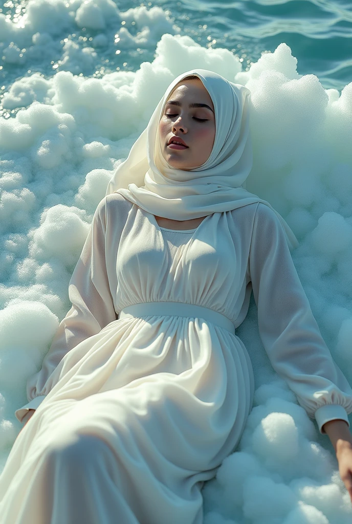 A beautiful woman Muslim, wearing full covered dress and hijab, lies down on a sea shore, half in water and half writen name "Pretty" on middle of ocean, front view, high top drone angle, full body picture. Her dress is made from the foam of the sea itself. The sea soft and detailed foam makes the lower part of her long dress, the foam and fabric merge perfectly, widely spread, becoming the beach itself as it goes close of the sea. The picture is intricate, photorealistic, and highly detailed.