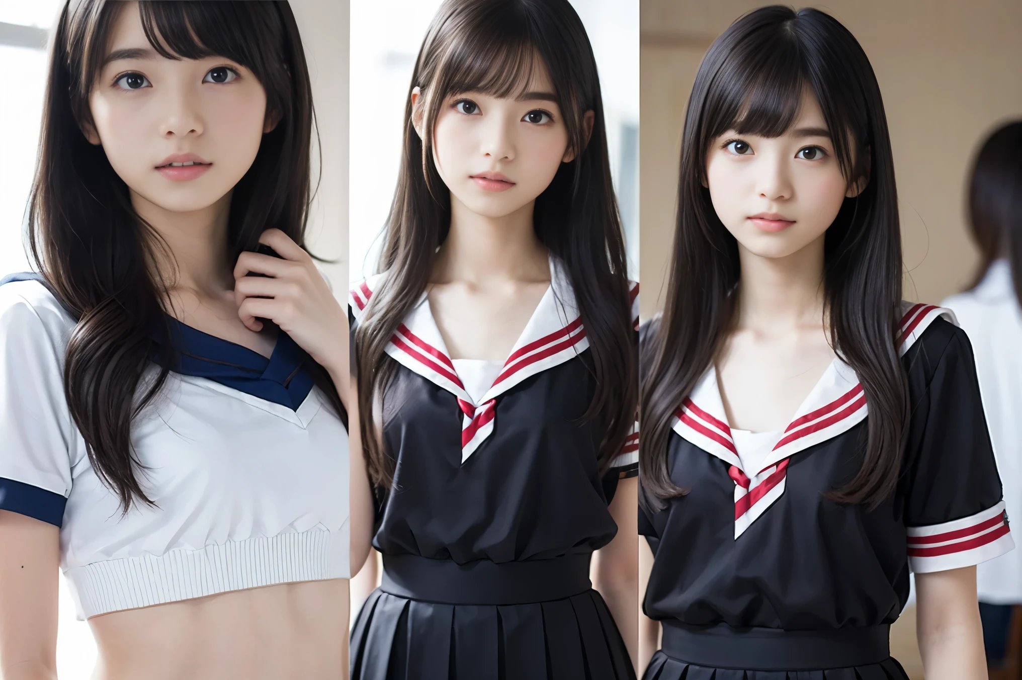 High resolution、High resolution、In 8K、RAW Photos、Highest quality、masterpiece、18-year-old girl, (Flat chest like:1.2), ((Skinny body:1.2)),  Wavy Hair,, Anatomically correct、bangs、Waist、thigh、Japanese high school uniform